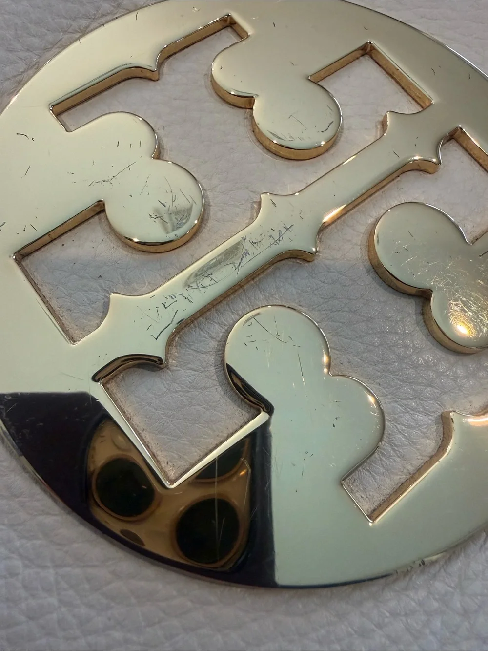 Tory Burch Ivory/Beige Pebbled Leather Shoulder Bag with Gold Logo